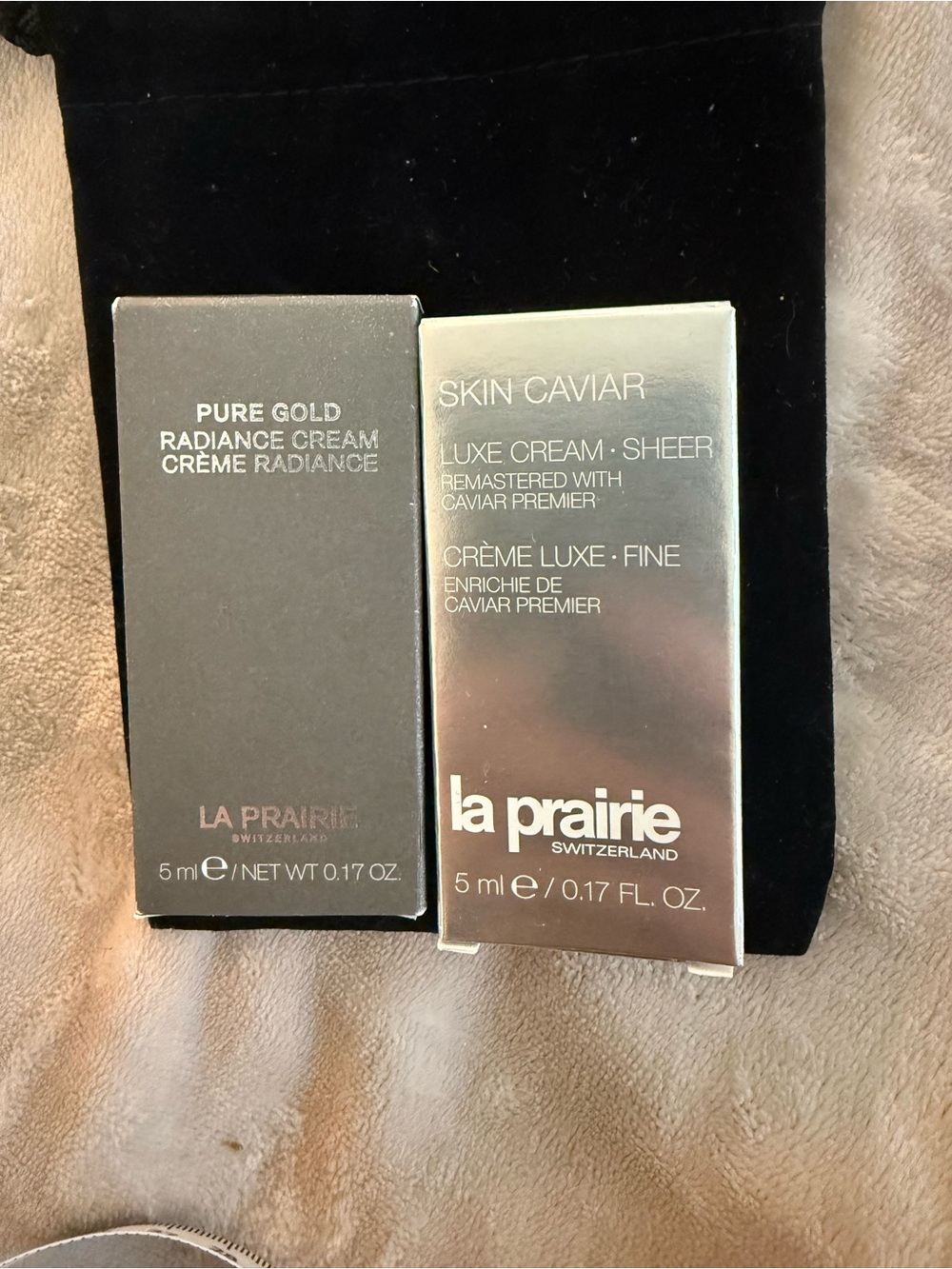 NEW La Prairie Luxury Skincare Mini Set 2 x 5 mL With Velvet Pouch